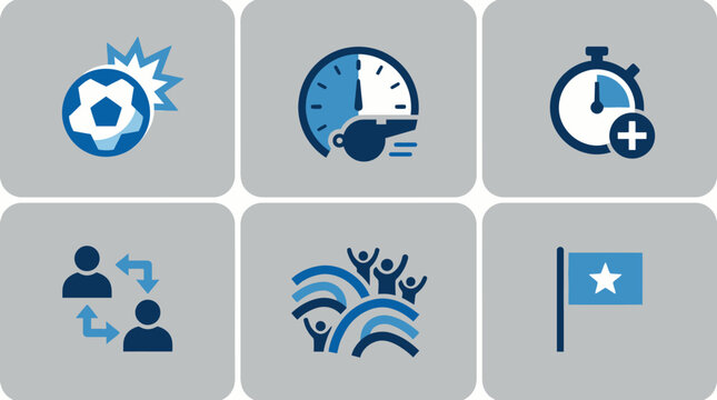 Vector icon set depicting soccer game elements like a blue football, stopwatch with whistle, player substitution, and a flag, isolated on a grey background.