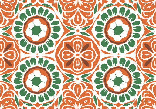 Decorative football tile pattern with ornamental floral motifs in orange and green, vintage Mediterranean mosaic design.