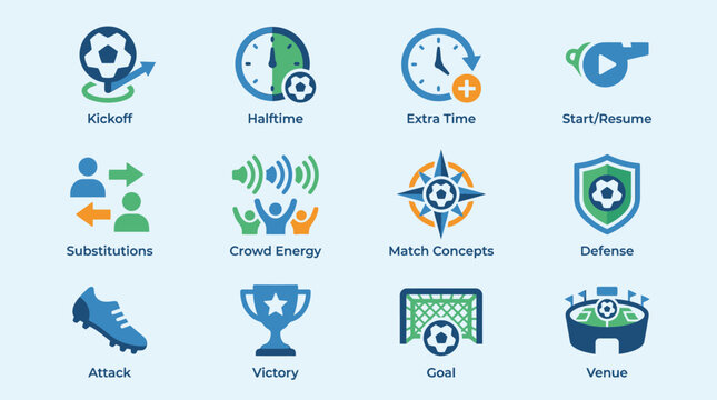 Football and soccer tournament icon set icons with kickoff, halftime, extra time, substitutions, crowd energy, and goal symbols isolated on light blue background.