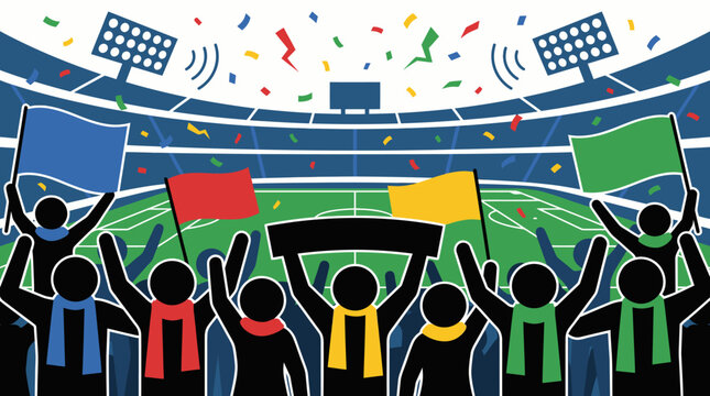Cheering soccer football fans silhouette in stadium with flags and confetti illustration for world cup championship celebration concept and sports event design.