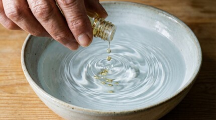 Top Down Macro of Fingers Dropping Pure Essential Oil into Clear Water with Concentric Ripples