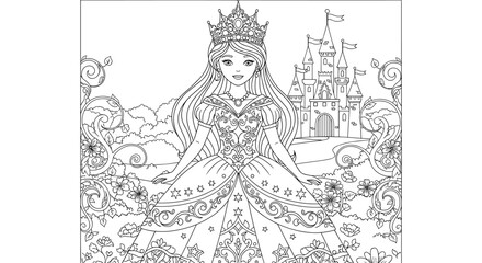 Young princess with crown standing in front of a castle and garden