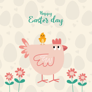 Easter cute greeting card with chicken and flowers