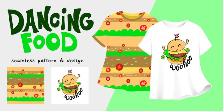 Seamless pattern and t-shirt design with a dancing cartoon burger mascot and colorful burger stripes. Dancing Food set, cartoon food design for apparel design, packaging and textile