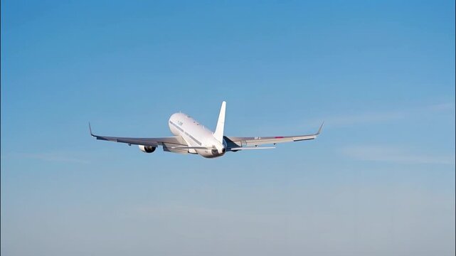 White commercial airplane banking right in clear sky after takeoff, rear view of twin engine passenger aircraft flying for travel and tourism concept, jet plane soaring high in atmosphere.