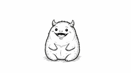 Naklejka premium Cute fluffy monster with horns smiling and sitting on white background