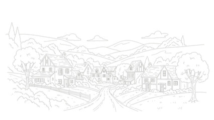 Fototapeta premium Charming village nestled in rolling hills, depicted in a sketch style.