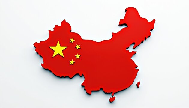 Red map outline of China with national flag stars on white surface. Shape represents country territory and national identity. Design concept for travel and business.