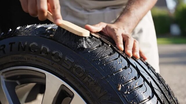 Close-up of a freshly washed car tire with water droplets showcasing automotive detailing and care a blurred figure in the background adds context to the scene
