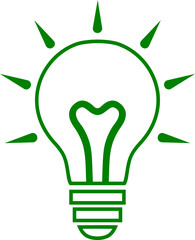 Green outline lightbulb icon with heart filament and rays for eco-friendly ideas