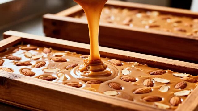 Close medium shot of creamy nut nougat being poured and evenly spread into wooden frames highlighting textured almonds mixed within the warm candy base for artisanal slab
