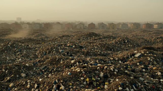 Large landfill site encroaching near urban housing side by side, emphasizing waste management crisis and environmental pollution