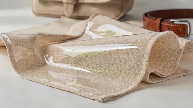 Medium shot of biobased clear protective coated canvas showcasing its smooth glossy finish derived from sustainable plant materials ideal for ecofriendly fashion and accessories.