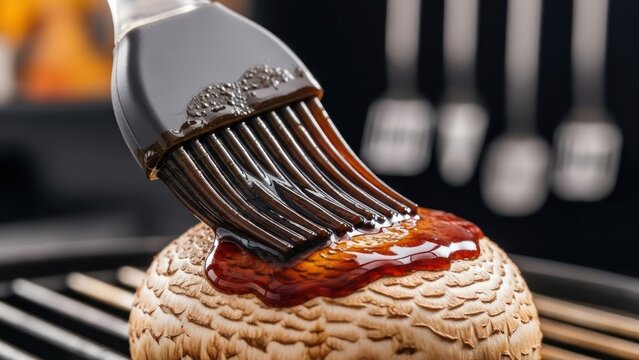 Basting mushroom, barbecue sauce on grilled portobello