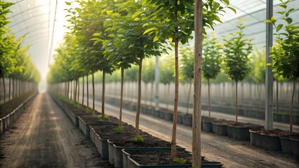 Fototapeta premium Young Trees Growing in Modern Greenhouse Nursery with Soft Morning Light