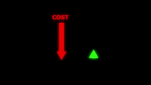 Quality control and company cost reduction arrow sign animation. quality with up arrow and cost with down arrow. Cost and quality control concept with black screen. 4k motion video.