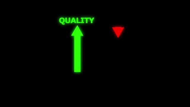Quality control and company cost reduction arrow sign animation. quality with up arrow and cost with down arrow. Cost and quality control concept with black screen. 4k motion video.