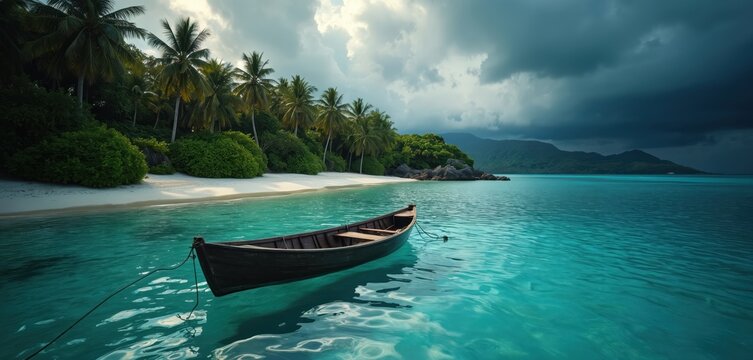Wooden rowboat floats on clear turquoise ocean near sandy beach lined with palm trees. Dramatic dark clouds gather over distant green island hills.