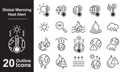 Global warming heat alert outline icon set vector for app website infographic