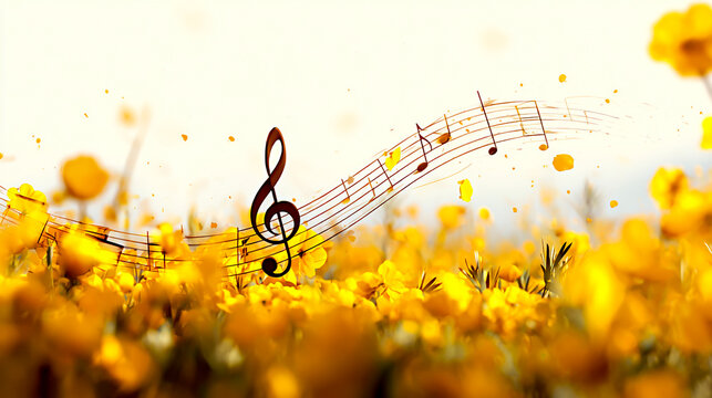 A musical note and music staff on the background of a yellow flower field