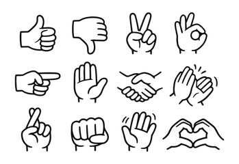 Fototapeta premium Various Hand Gestures and Communication Hand-drawn Doodle Icons Set on White Background