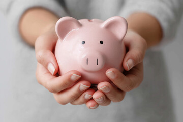 A person is holding a pink piggy bank