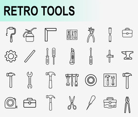 Fototapeta premium Retro tools and hardware icon set, thin line symbols for carpentry construction repair workshop and vintage manual equipment vector illustration
