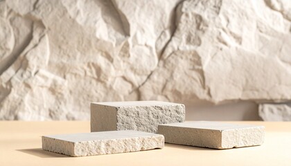 Three rectangular stone blocks on flat surface before rugged textured stone wall, rough uneven surfaces, natural limestone appearance, architectural and geological representation of construction mater