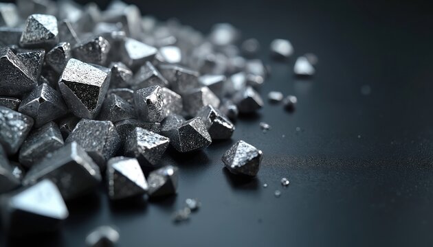 Pile of shiny silver metal crystals geometric shapes on dark background. Raw mineral fragments, metallic surface, valuable resource for industry or investment.