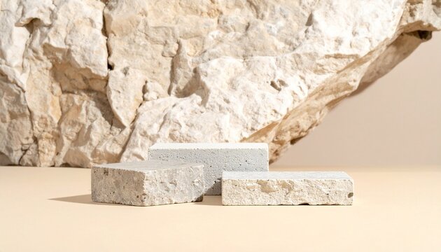 Three rectangular stone blocks on flat surface before rugged textured stone wall, rough uneven surfaces, natural limestone appearance, architectural and geological representation of construction mater