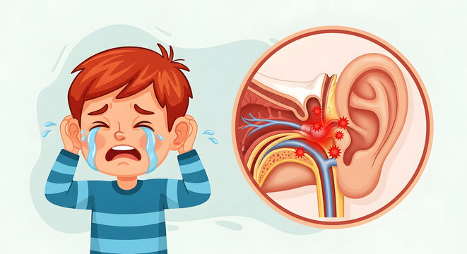 Crying boy with ear pain and inner ear infection diagram image