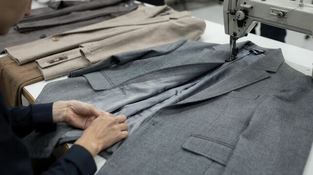 Skilled workers installing tonal matching fabric linings inside blazer shells emphasizing precise stitching and seamless integration for a polished finish.