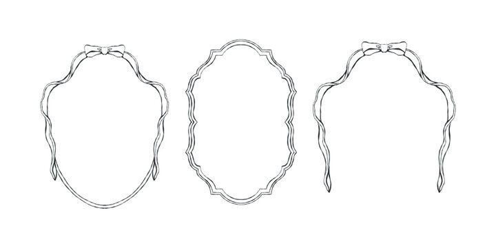 A vintage set of whimsical frames with bows and ribbons in a linear style. Victorian-style frames for wedding and holiday invitations and cards. Vector outline in black.