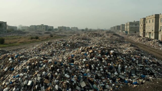 Large landfill site encroaching near urban housing, emphasizing waste management crisis and environmental pollution