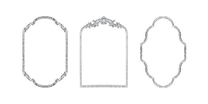 A vintage set of frames in the Baroque and Rococo styles. Classic frames with hand-drawn swirls of leaves and flowers. Whimsical Victorian-style frames for wedding invitations and cards. Vector