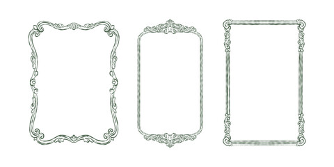 A vintage set of frames in the Baroque and Rococo styles. Classic frames with hand-drawn swirls of leaves and flowers. Whimsical Victorian-style frames for wedding invitations and cards. Vector © Anastasiia