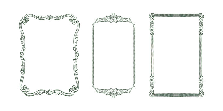 A vintage set of frames in the Baroque and Rococo styles. Classic frames with hand-drawn swirls of leaves and flowers. Whimsical Victorian-style frames for wedding invitations and cards. Vector