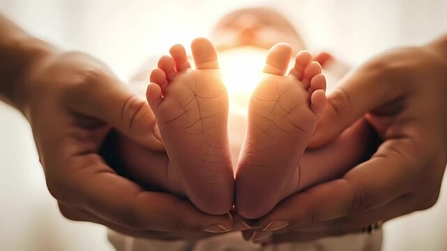 An artistic view of a parent's hands supporting a newborn baby's feet, framed against a bright, natural light source creating a warm glow