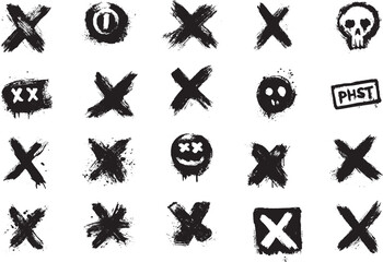 A collection of grunge "X" marks, scratches, and violent scribbles, black marker texture.