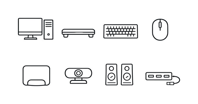 Home computer accessories: desktop computer, monitor stand, keyboard, mouse, mouse pad, webcam, speaker, USB hub