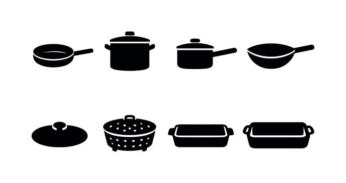 Kitchen cookware essentials: frying pan, stockpot, saucepan, wok, lid, steamer basket, baking dish, roasting pan