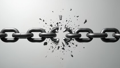 Obraz premium Metal chain breaks apart in center. Jagged pieces scatter outwards. Symbol of failure, risk, weak link or supply chain problem. Business concept.