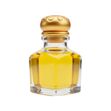 Golden ornate cap perfume bottle with yellow liquid 3D render isolated