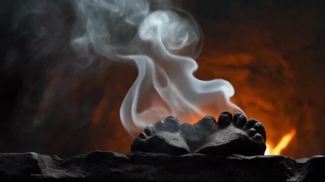 Cinematic Macro of Thick White Incense Smoke Flowing Over Sacred Stone Feet Paduka with Fire Background