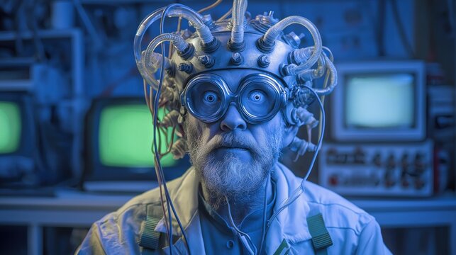 Surreal Scientist in High-Tech Laboratory Setup