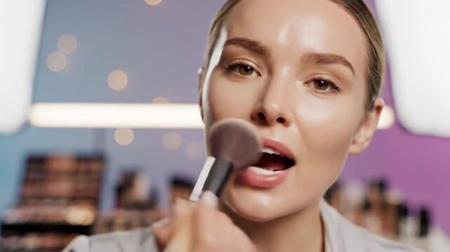Woman applying blush with brush to cheekbones explaining makeup tutorial step in studio