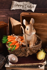 Rustic style Easter card with bunny figurine and bunches of carrots in wicker basket