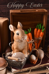 Rustic style Easter card with bunny figurine sitting in wire basket