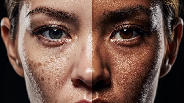 Powerful split-screen portrait showing skin transformation, contrasting light skin with freckles and dark, smooth skin for beauty and medical advertising.