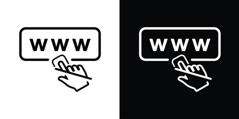 WWW browser address bar icon with a hand using a stylus pen. Linear black and white vector design for digital navigation, touch screens, and internet interface concepts.